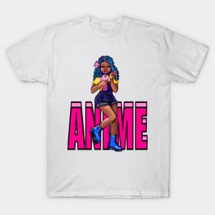 Cute Kawaii black Girl with bubble tea, African American, Black cartoon, pink text anime, game character girl T-Shirt